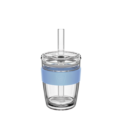KeepCup Cold Cup Longplay Boba M 12oz in Orchid, shown in a front-facing product shot featuring a clear double-walled glass cup with a light blue silicone band, transparent lid and reusable straw.