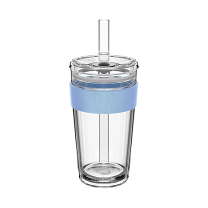 KeepCup Cold Cup Longplay Boba L 16oz in Orchid, featuring a clear double-walled cup with light blue silicone band, transparent lid and reusable straw, shown against a white background.