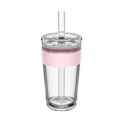 KeepCup Cold Cup Longplay Boba L 16oz in Pashmak, featuring a clear double-walled cup with soft pink silicone band, transparent lid and reusable straw, shown against a white background.