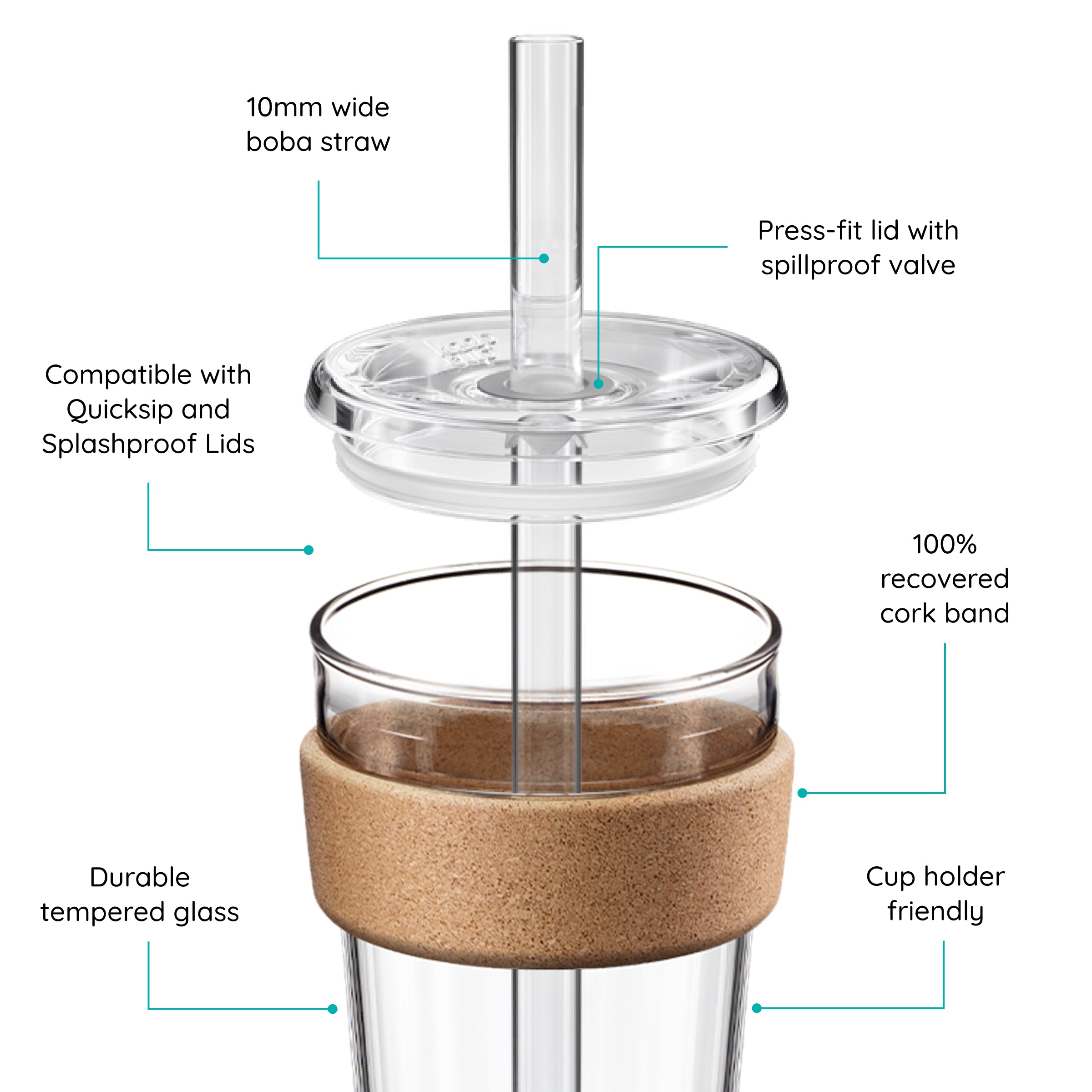 Cold Cup with cork band and Boba straw, features text on a white background