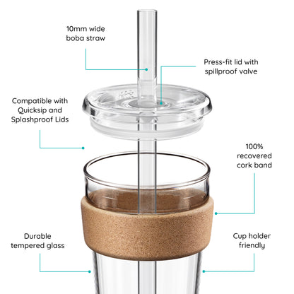 Cold Cup with cork band and Boba straw, features text on a white background