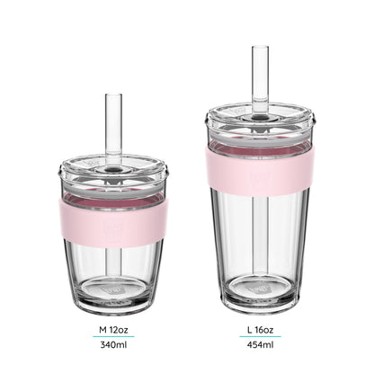 Two Cold Cup Longplay Cup's with straws on a white background with their size's M 12oz and L 16oz featured. 