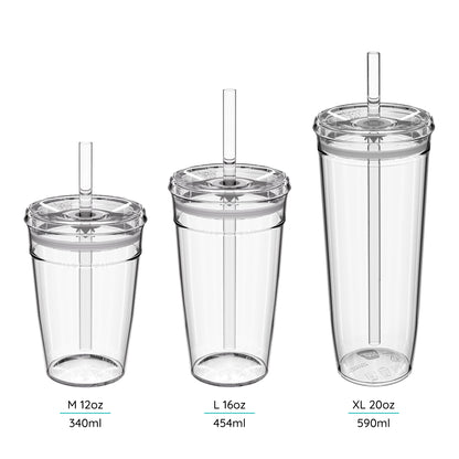 Three Cold Cup Original's with lids and straws, labeled M 12oz, L 16oz, and XL 20oz.
