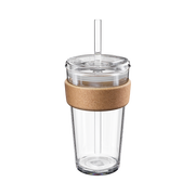 KeepCup Cold Cup Cork L 16oz with Boba Straw, shown against a white background. The clear reusable cup features a natural cork band, transparent lid and wide plastic straw, photographed at a slight angle to display the full product design.