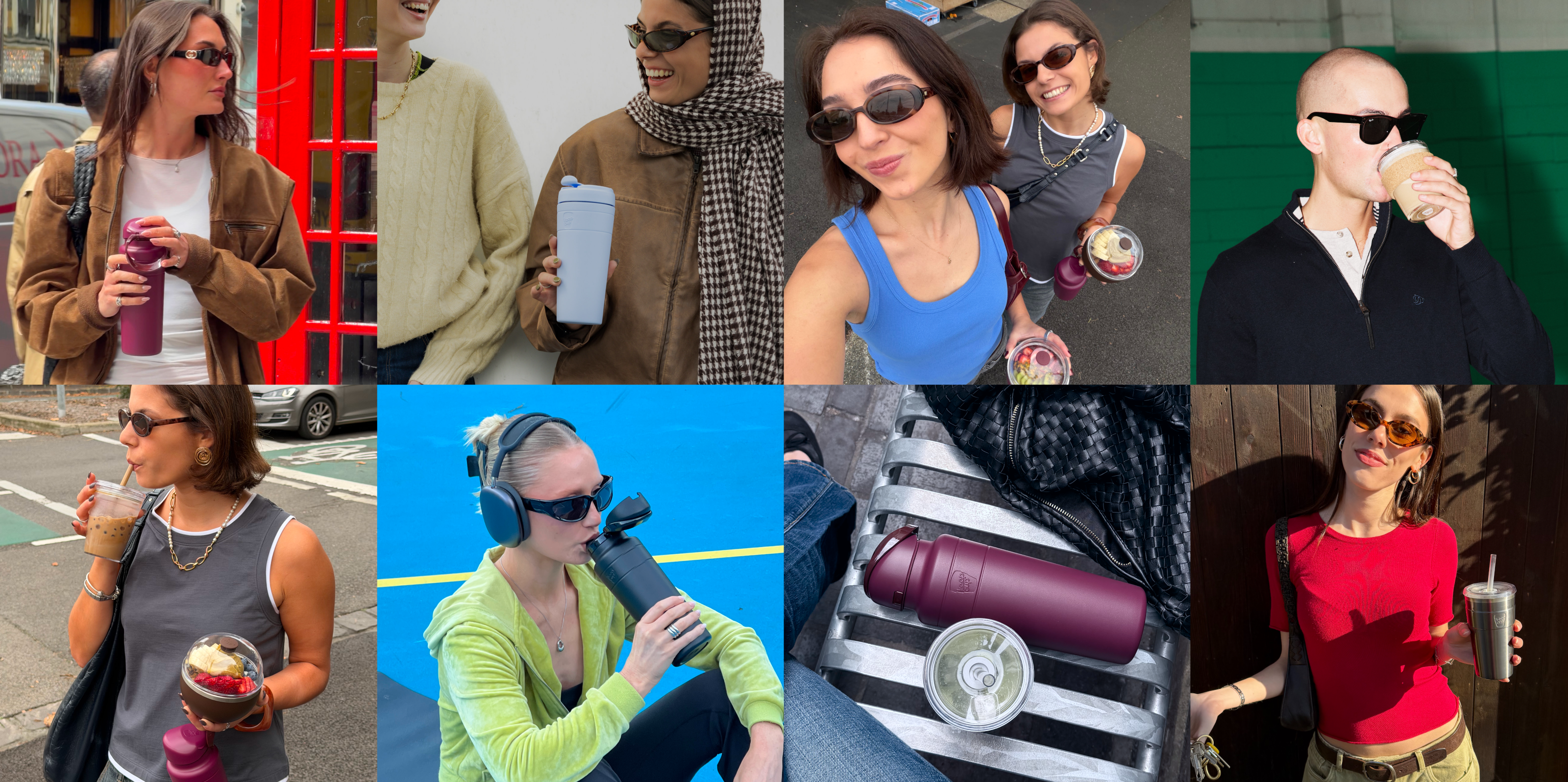 Collage of people wearing sunglasses with a focus on a purple water bottle.