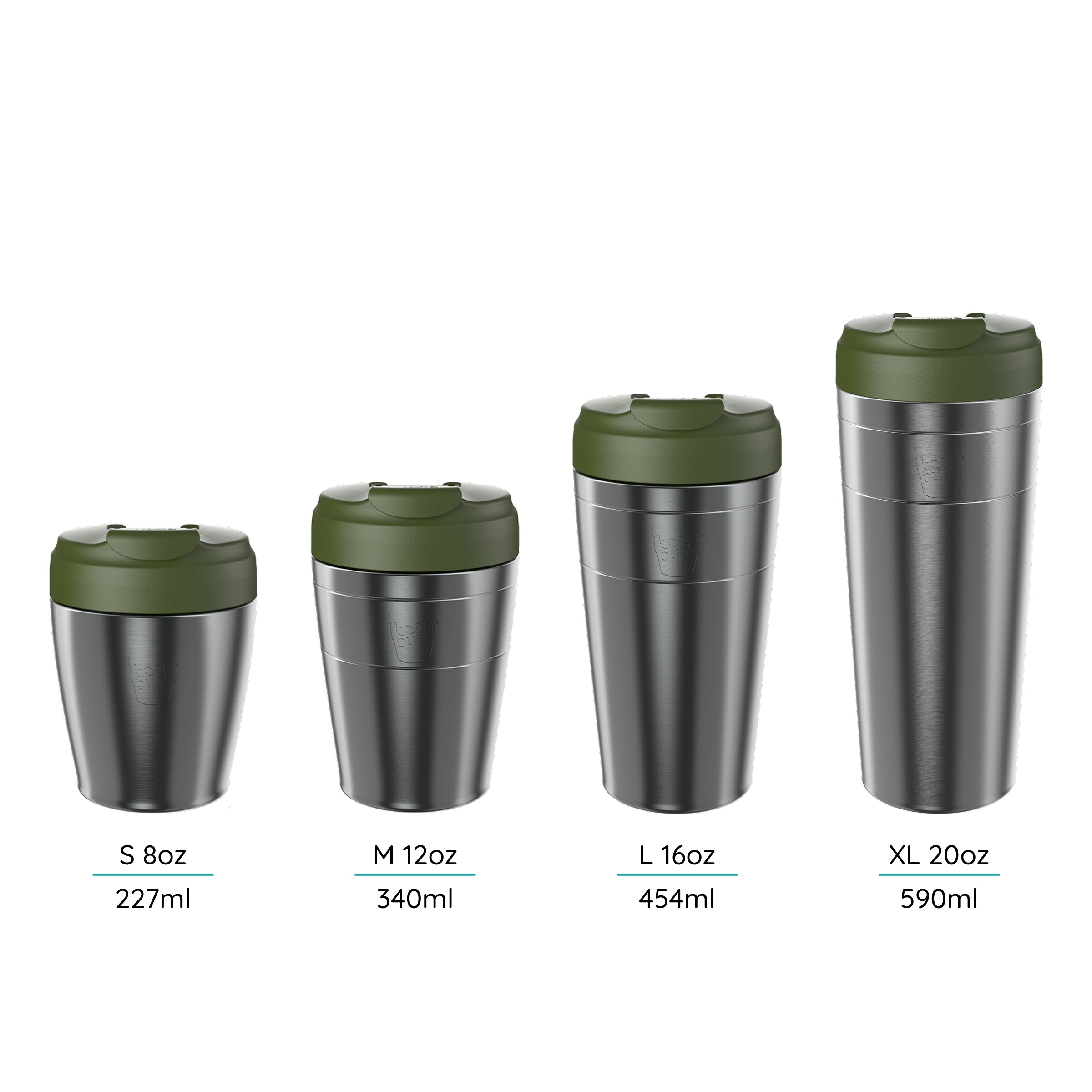 Set of four Commuter Cups labeled with its sizes S 8oz, M 12oz, L 16oz, XL 20oz