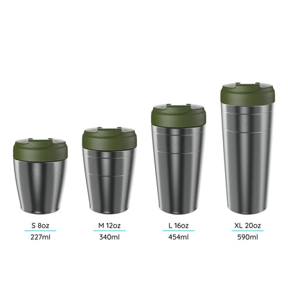 Set of four Commuter Cups labeled with its sizes S 8oz, M 12oz, L 16oz, XL 20oz