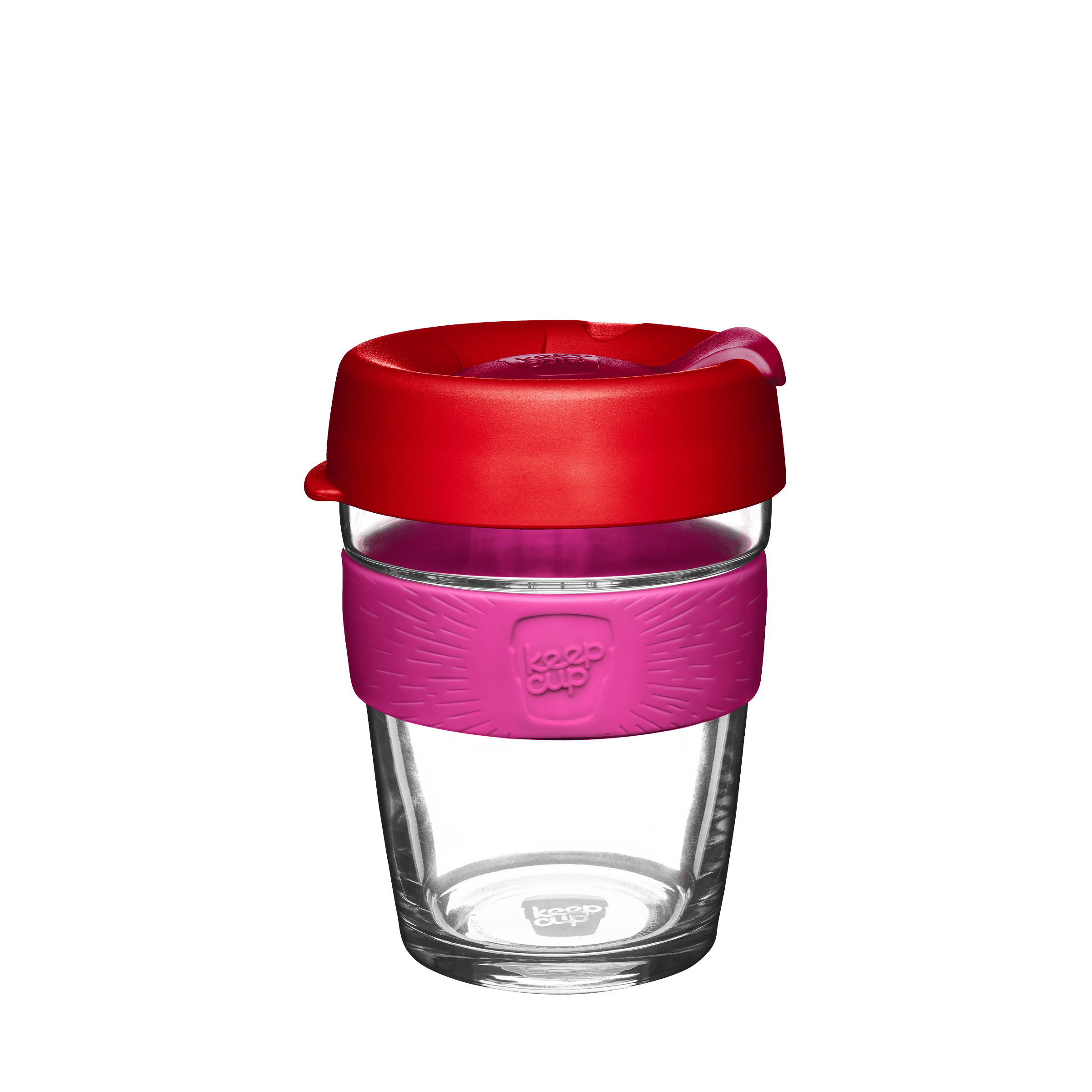 KeepCup reusable glass coffee cup with red lid, pink silicone band and clear glass body on white background
