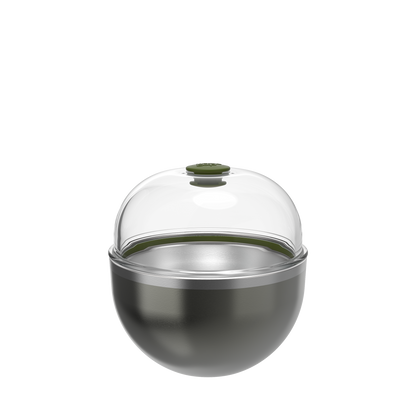 KeepCup Go Bowl Luxe in Nitro Pine, featuring a dark metallic green stainless steel base with a clear domed lid and olive green silicone knob, shown against a white background.