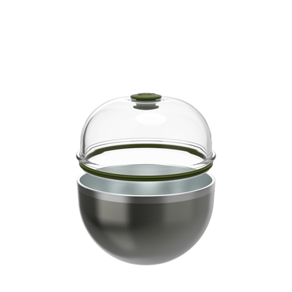 KeepCup Go Bowl Luxe in Nitro Pine shown in an exploded view with the clear dome lid with olive green knob separated from the dark metallic stainless steel bowl base, highlighting the green silicone seal.