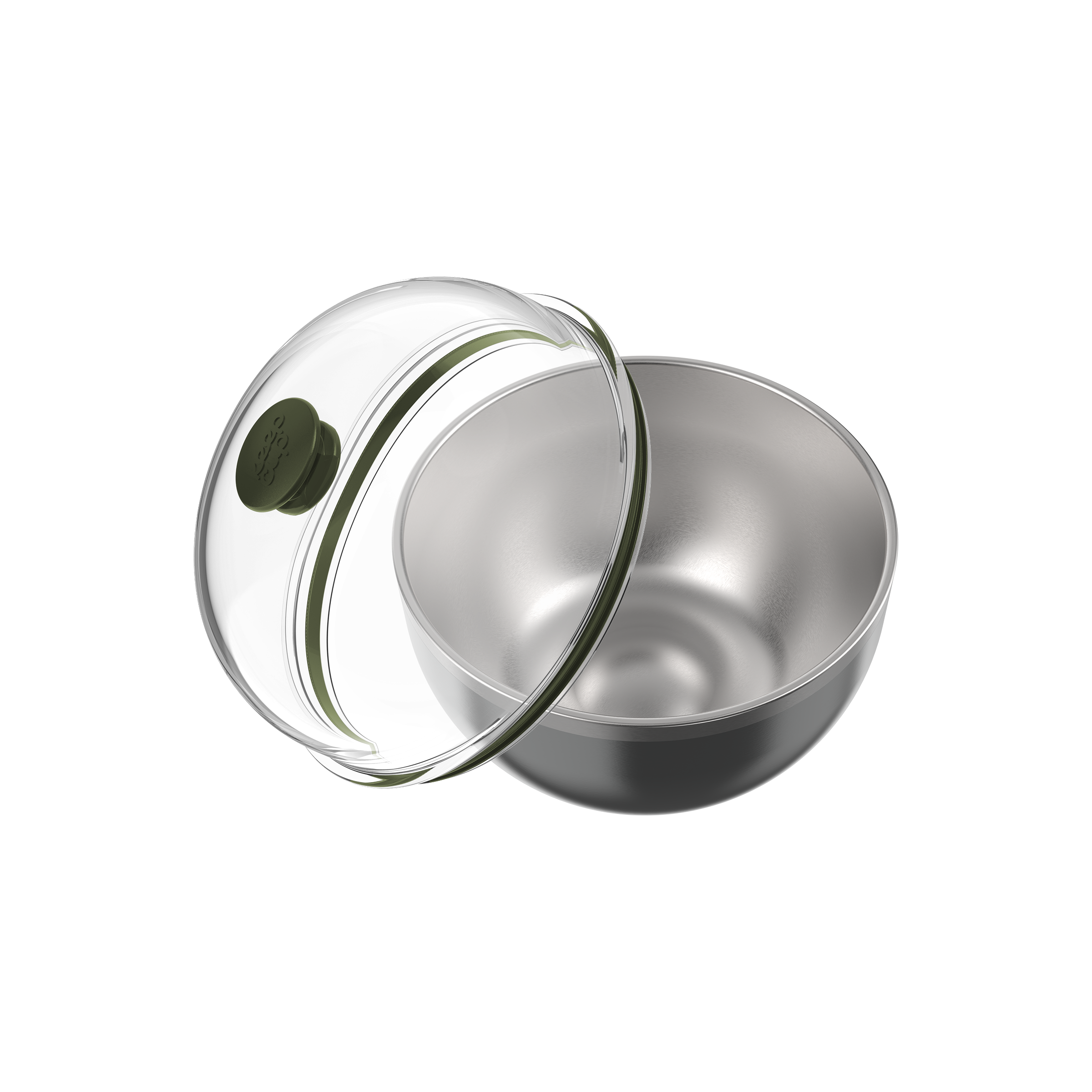 KeepCup Go Bowl Luxe in Nitro Pine, shown with the transparent domed lid with olive green silicone seal and vent button resting against the stainless steel bowl base.