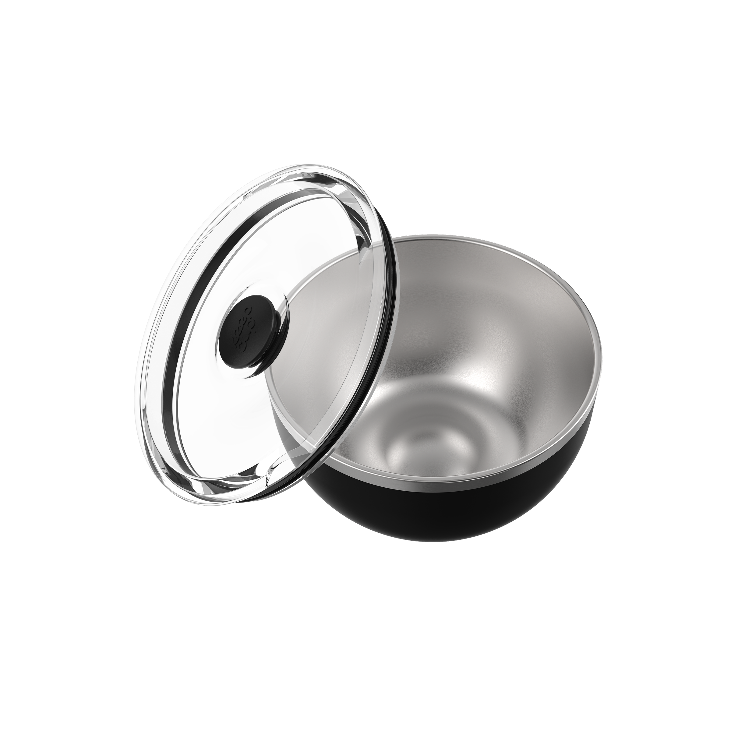 KeepCup Go Bowl Luxe in Black with flat lid, shown at an angle with the transparent lid lifted and resting against the stainless steel bowl, revealing the brushed metal interior and black exterior base.