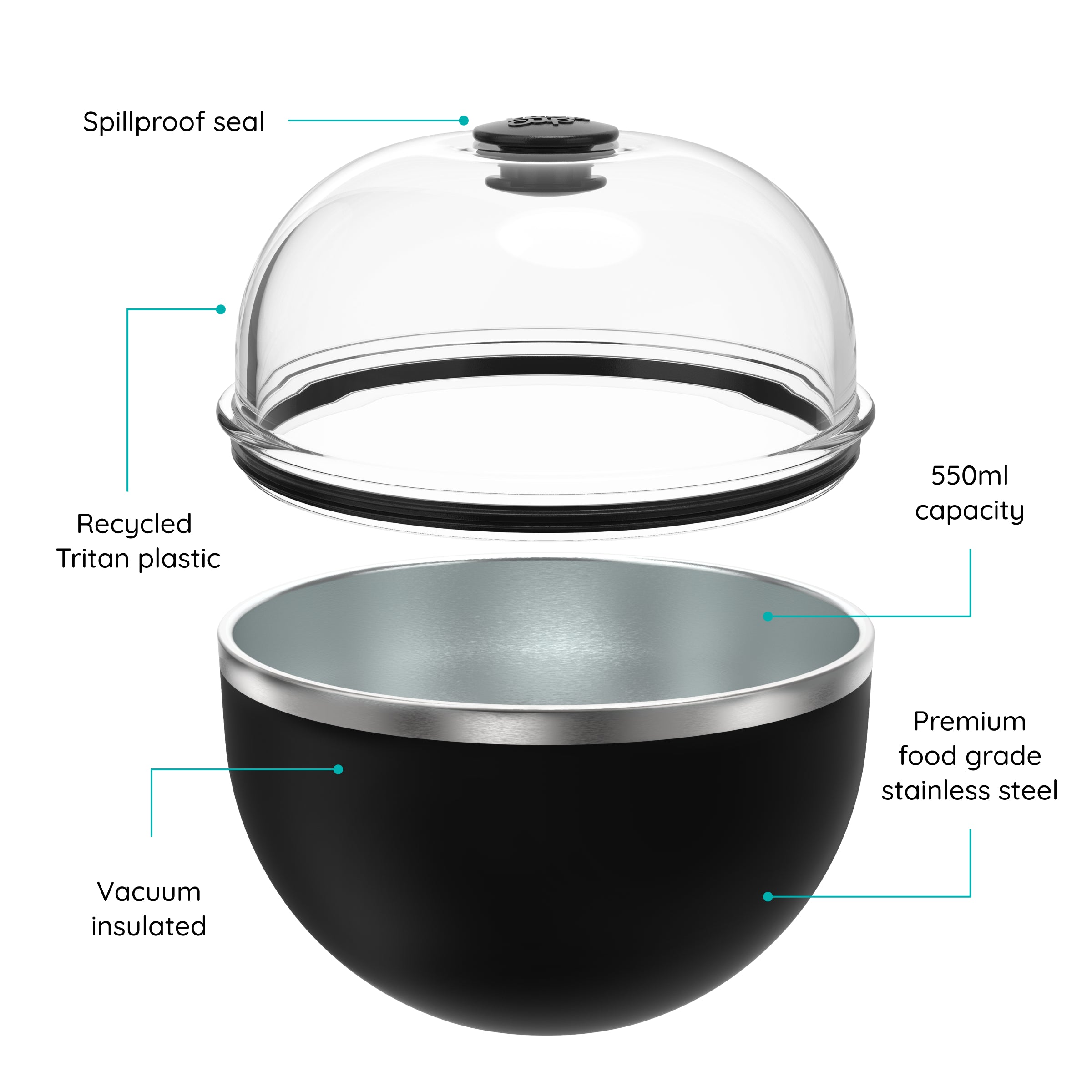 An exploded diagram of the Go Bowl Luxe with a Domed Lid labeled with its features.
