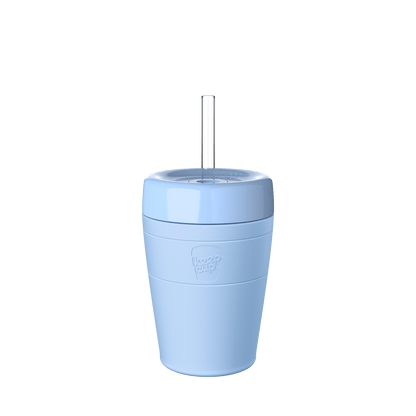 KeepCup Commuter Cold Cup M 12oz in Orchid, a light blue reusable cup with matching lid and clear straw, shown from a front angle against a white background.