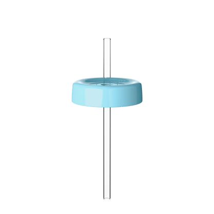 KeepCup Commuter Coffee Straw Lid in light blue, shown from a front angle with a clear reusable straw inserted through the centre of the lid against a plain white background.