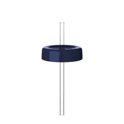 Navy blue Commuter Coffee Straw Lid shown from a front angle with clear reusable straw inserted through the centre, displayed against a white background.