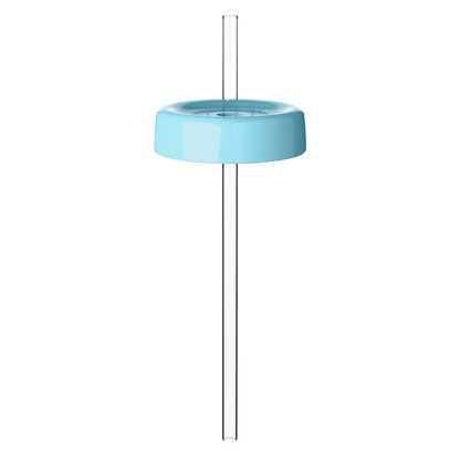 KeepCup Commuter Coffee Straw Lid in light blue, shown from a straight-on angle with a clear reusable straw inserted through the centre hole, displayed against a white background.