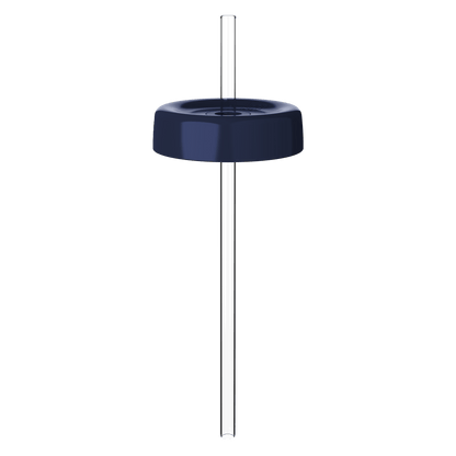 Navy blue KeepCup Commuter Coffee Straw Lid shown from above at a slight angle, featuring a clear reusable straw inserted through the centre opening against a white background.