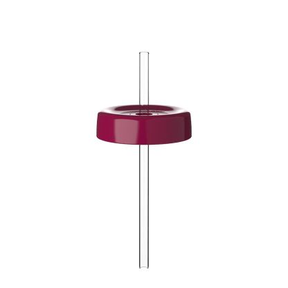 KeepCup Commuter Coffee Straw Lid in deep burgundy, shown from a straight-on angle with a clear reusable straw inserted through the centre hole, displaying the lid's glossy finish and circular design.