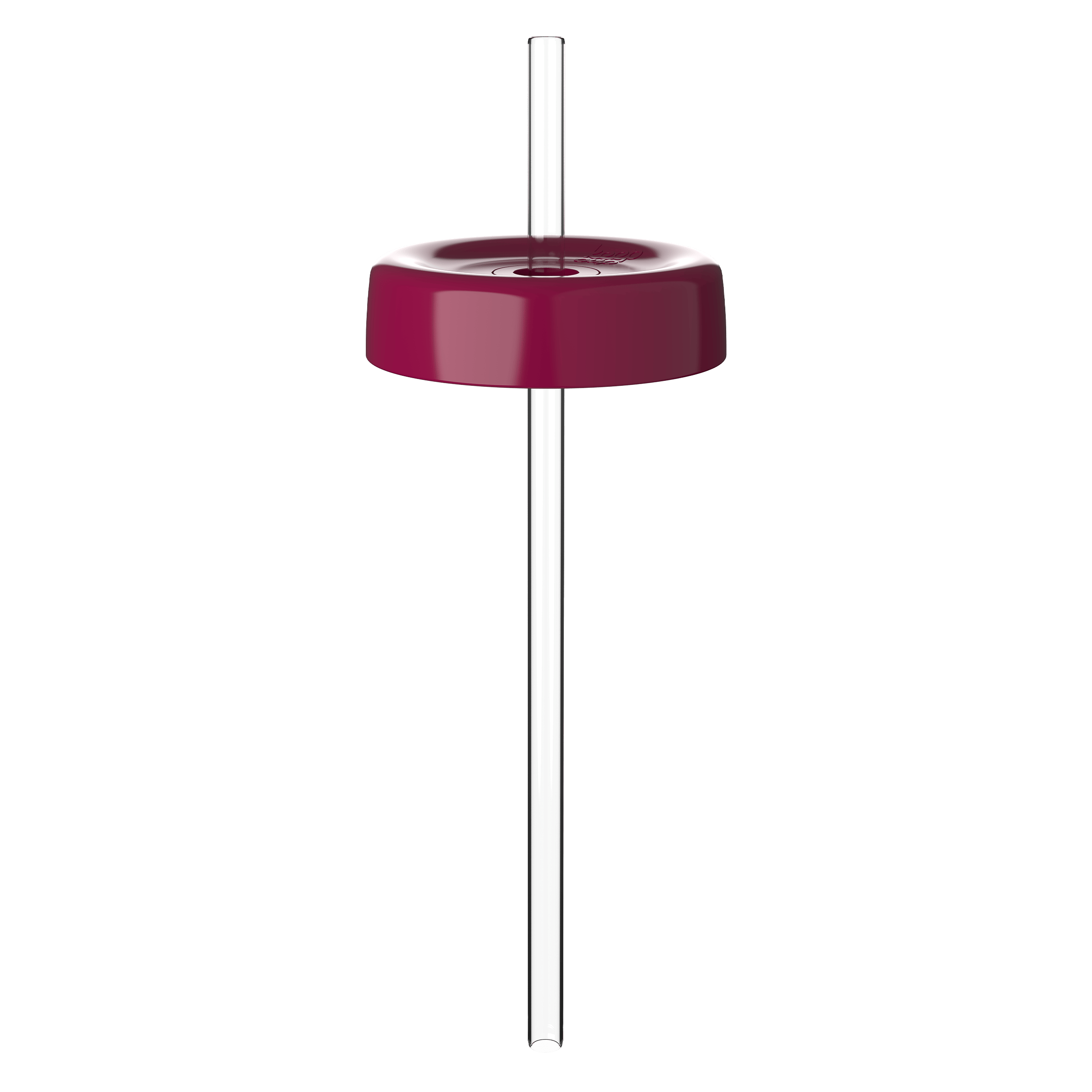 KeepCup Commuter Coffee Straw Lid in deep burgundy, shown from a side angle with a clear reusable straw inserted through the centre hole, displaying the lid's smooth rounded design and glossy finish.