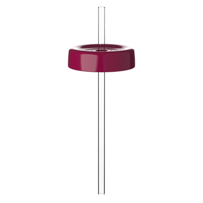KeepCup Commuter Coffee Straw Lid in deep burgundy, shown from a side angle with a clear reusable straw inserted through the centre hole, displaying the lid's smooth rounded design and glossy finish.