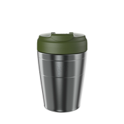 Stainless steel travel mug with a green lid on a white background