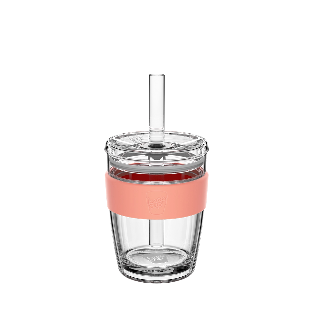 KeepCup Cold Cup Longplay Boba M 12oz in Clay, shown from the front on a plain white background. The clear double-walled glass cup features a peach-coloured silicone band, transparent lid and reusable glass straw.