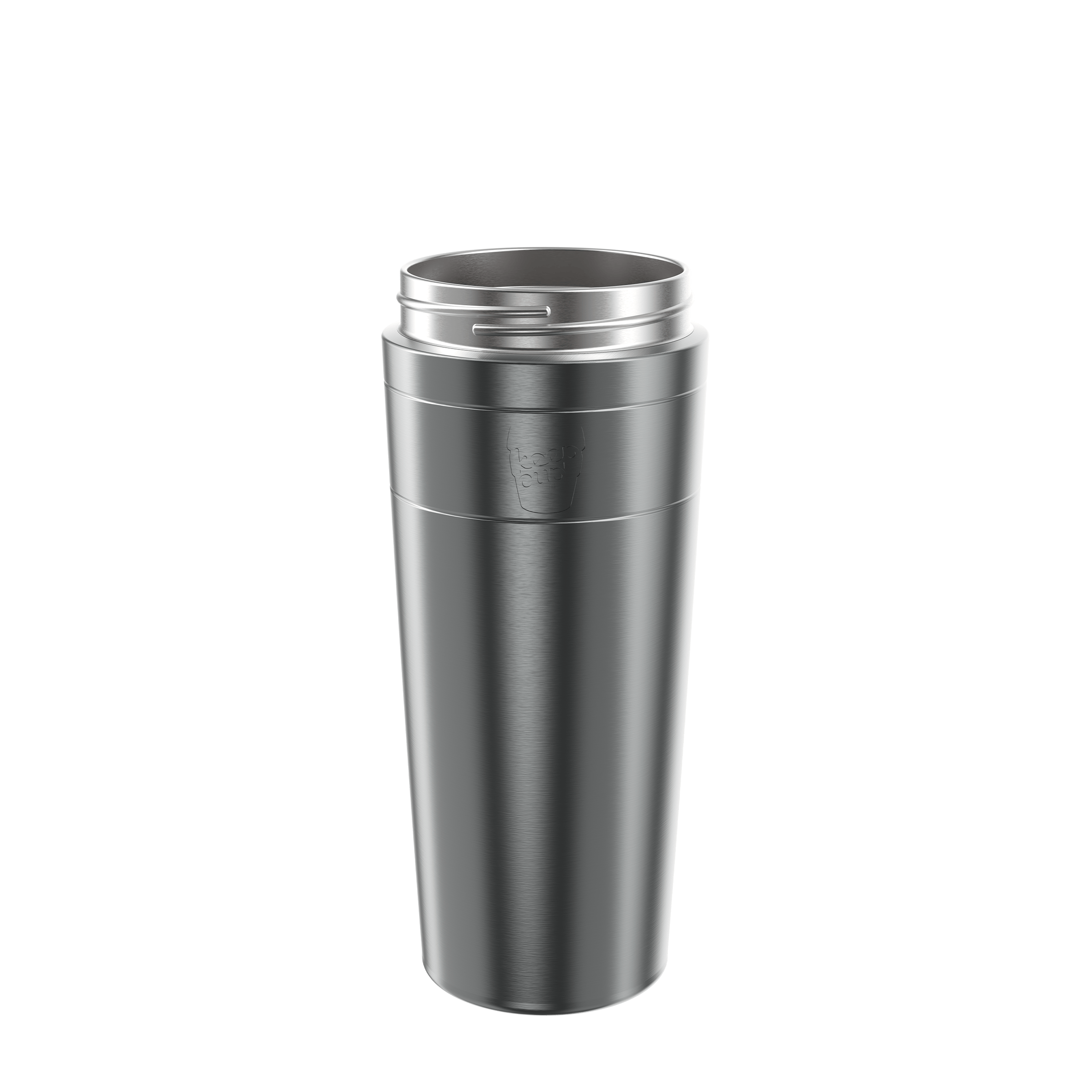 Helix Stainless Steel Cup Base in a brushed gunmetal finish, shown at a slight angle against a white background, displaying the tapered body, subtle KeepCup logo and threaded rim for lid attachment.