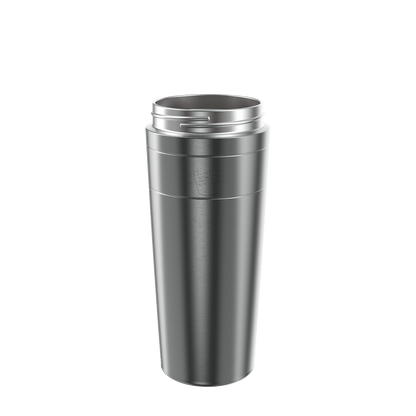 Helix Stainless Steel Cup Base in a brushed gunmetal finish, shown at a slight angle against a white background, displaying the tapered body, subtle KeepCup logo and threaded rim for lid attachment.