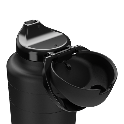 Black water bottle with open lid on a transparent background