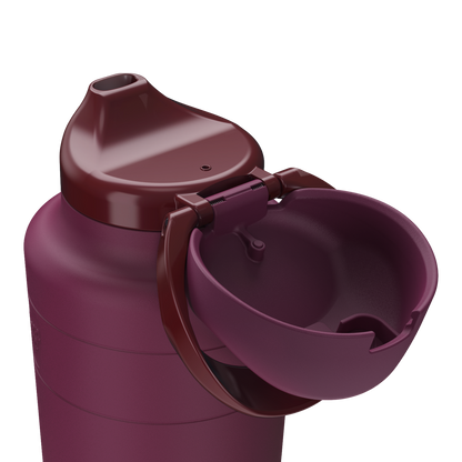 Mulberry water bottle with open lid on a transparent background