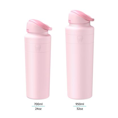 Two pink water bottles with different capacities on a white background