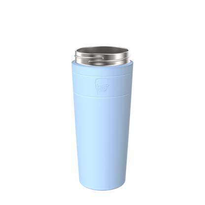KeepCup Helix Stainless Steel Cup Base in light blue, shown at a slight angle against a white background, featuring the embossed KeepCup logo and stainless steel rim detail.