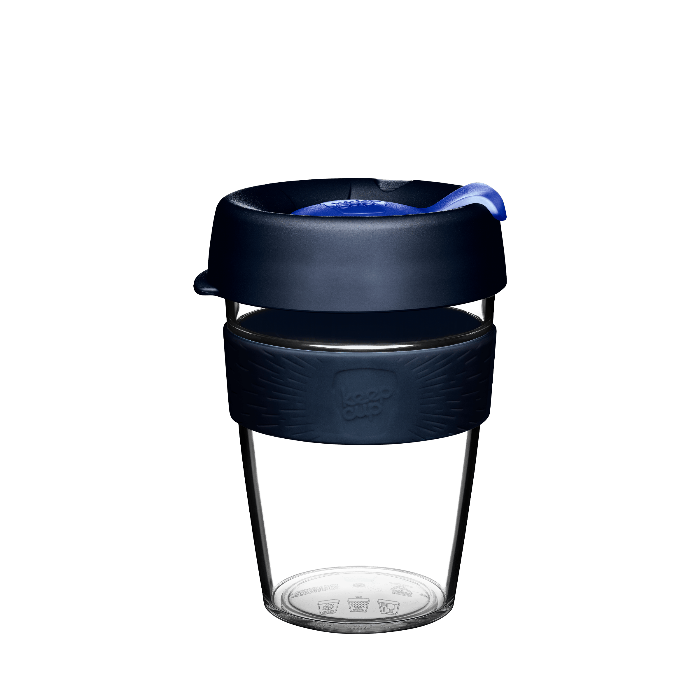 KeepCup Original Clear M 12oz in Ink colour, shown in a front-facing product shot against a white background, featuring a clear plastic cup with dark navy lid, blue plug, and teal silicone band with embossed KeepCup logo.