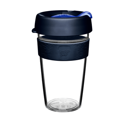 KeepCup Original Clear L 16oz in Ink colour, featuring a clear tritan cup with dark navy lid, blue plug, and steel blue silicone band with embossed KeepCup logo, shown against a white background.