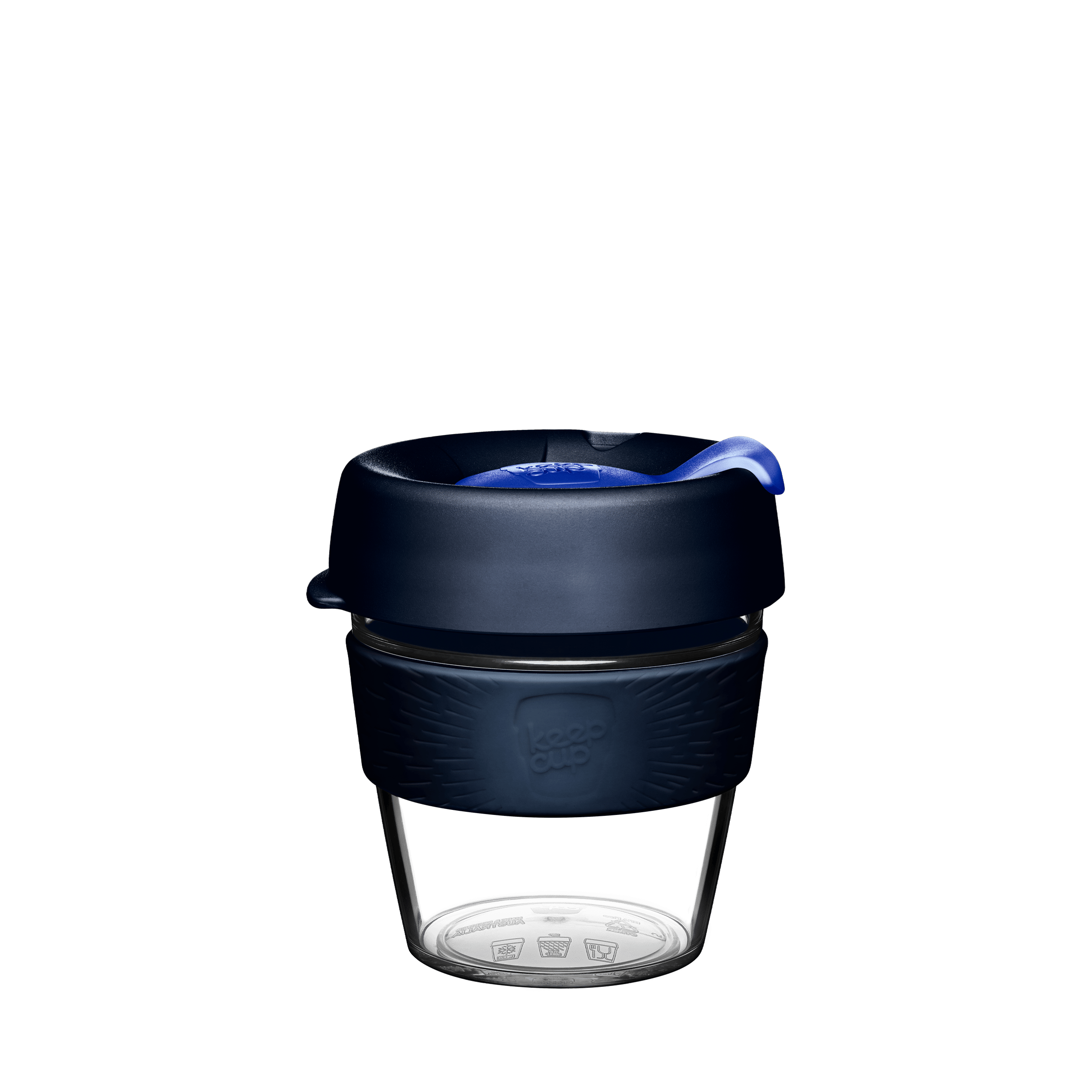 KeepCup Original Clear S 8oz in Ink, featuring a clear plastic cup with dark navy silicone band and lid, shown from a front view against a white background.