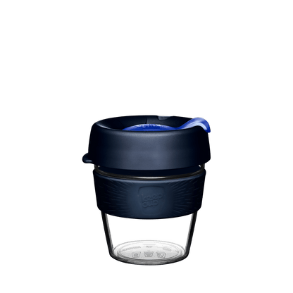 KeepCup Original Clear S 8oz in Ink, featuring a clear plastic cup with dark navy silicone band and lid, shown from a front view against a white background.