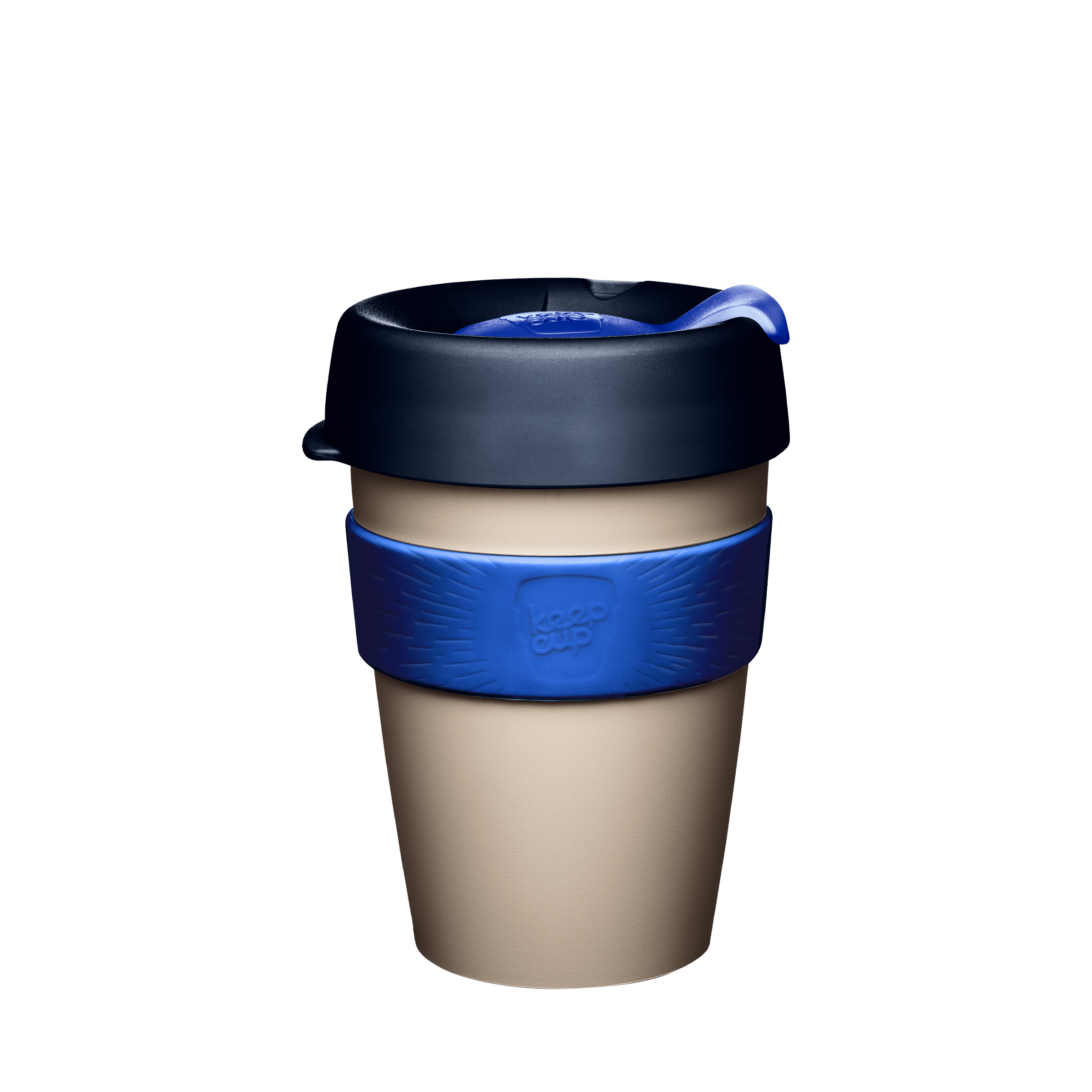 KeepCup Original M 12oz in Ink colour, featuring a beige cup body, dark navy lid with blue plug, and blue silicone band with embossed KeepCup logo, shown against a white background.