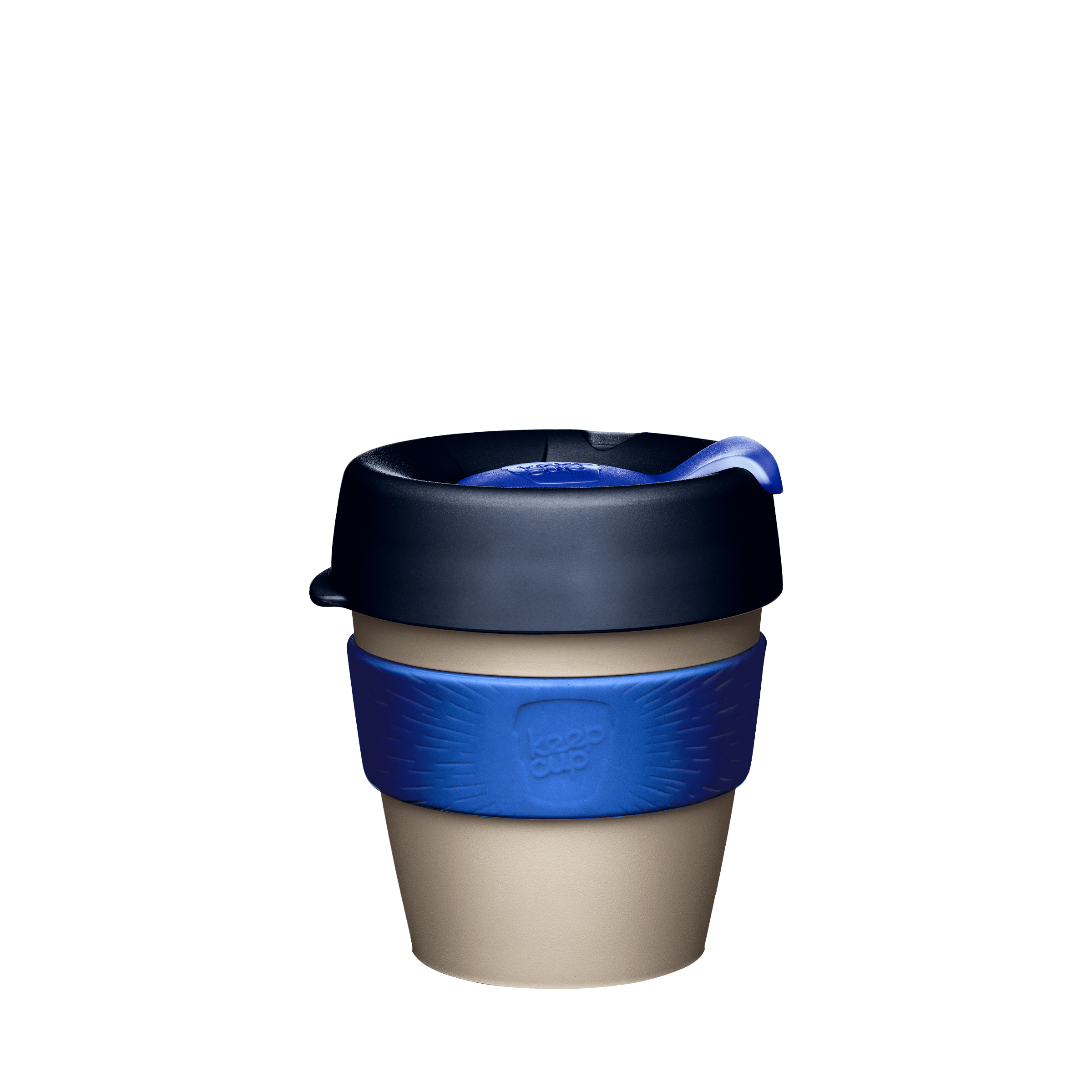 KeepCup Original S 8oz in Ink colour, featuring a beige cup body, blue silicone band with embossed KeepCup logo, navy lid with blue plug, shown against a white background.