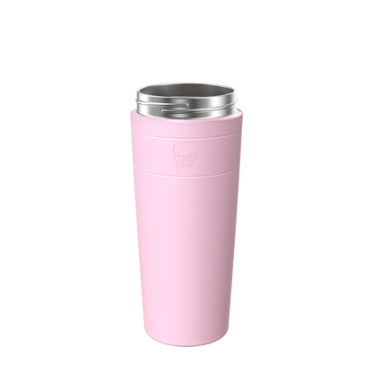 KeepCup Helix Stainless Steel Base XL 20oz in Pashmak Pink, shown at a slight angle against a white background, featuring the embossed KeepCup logo on the soft pink sleeve and stainless steel rim at the top.