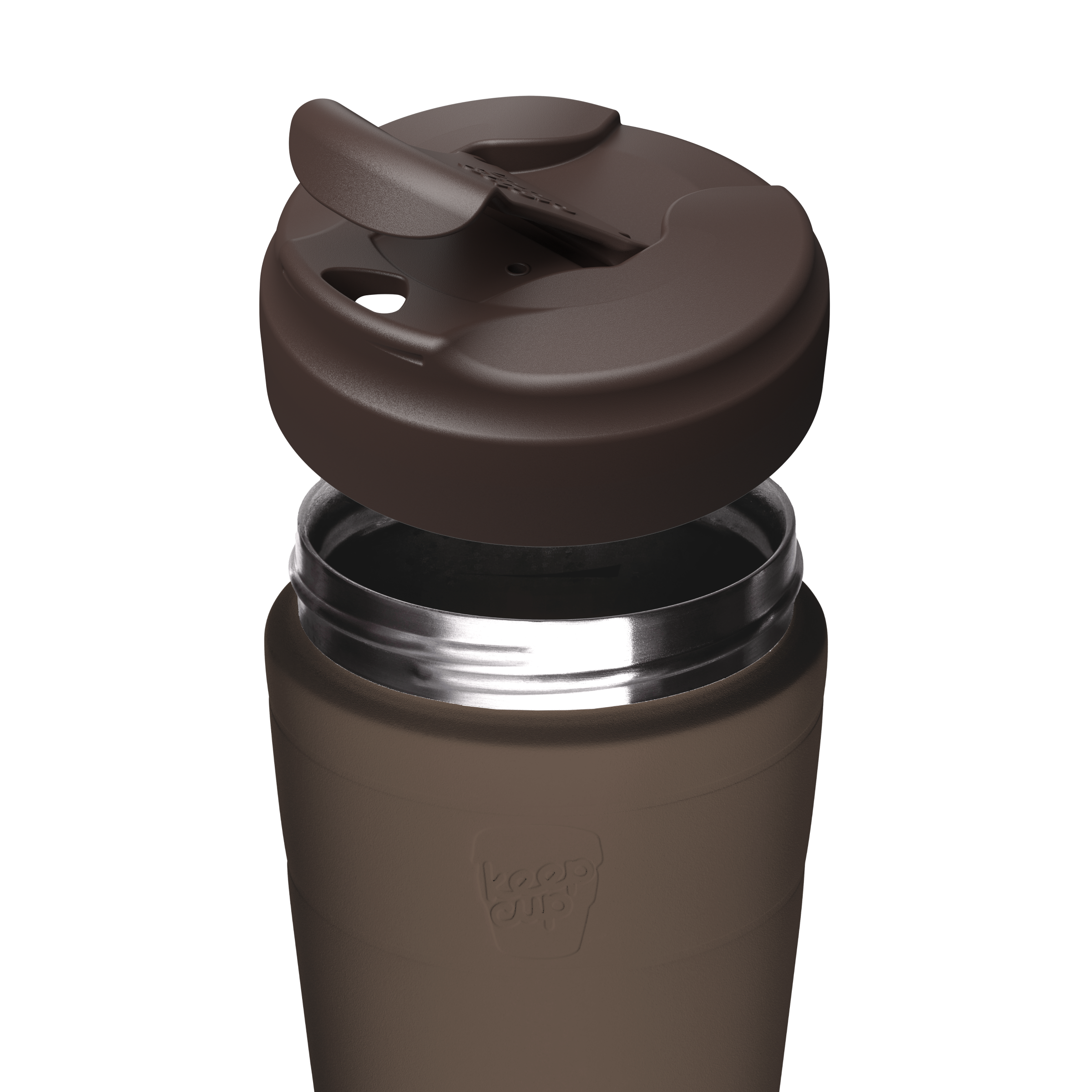 A close-up of a dark brown insulated KeepCup travel tumbler with a matching dark brown flip-top lid, shown on a plain white background. The brand name 'KeepCup' is embossed on the lower front of the tumbler.