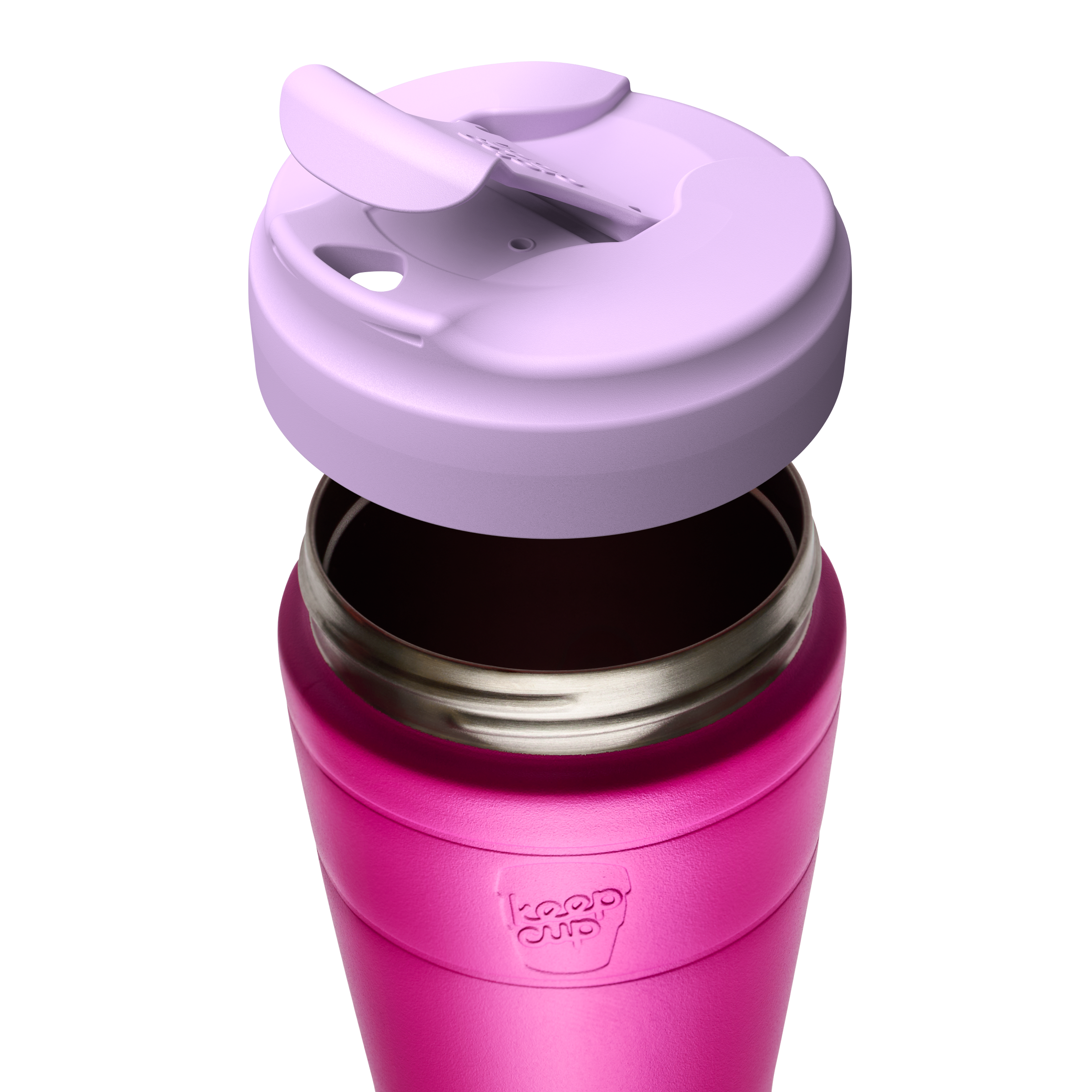 A close-up of a pink insulated KeepCup travel tumbler with a matching pink lid partially removed, showing the stainless steel rim and interior, on a white background.