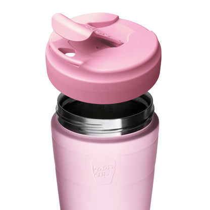 A pink insulated KeepCup travel tumbler with a matching pink flip lid, shown on a clean white background. The brand name 'keep cup' is embossed on the lower front of the tumbler.