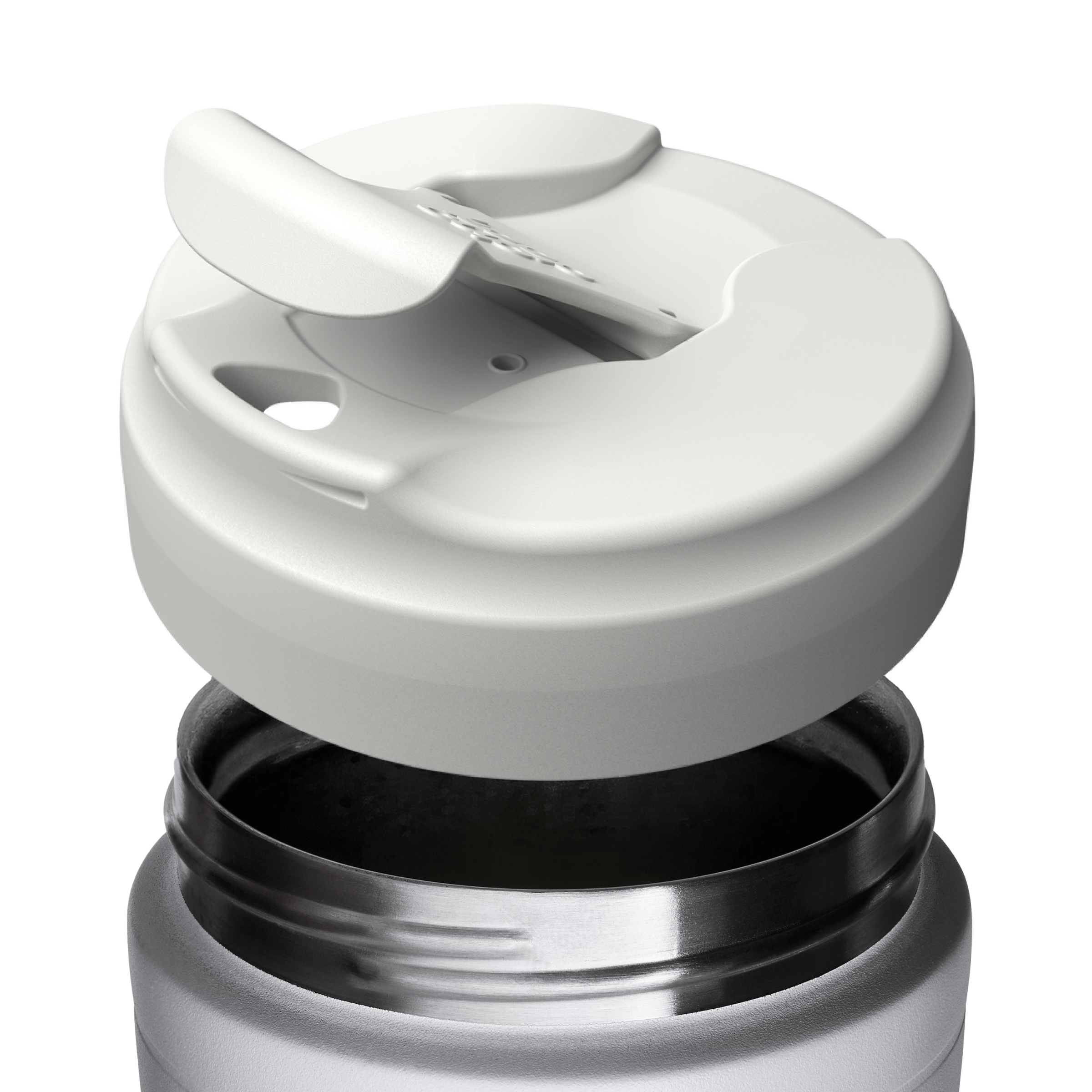 Close-up of a white KeepCup insulated travel mug with a flip-lid, shown partially removed from a silver cup base on a white background.