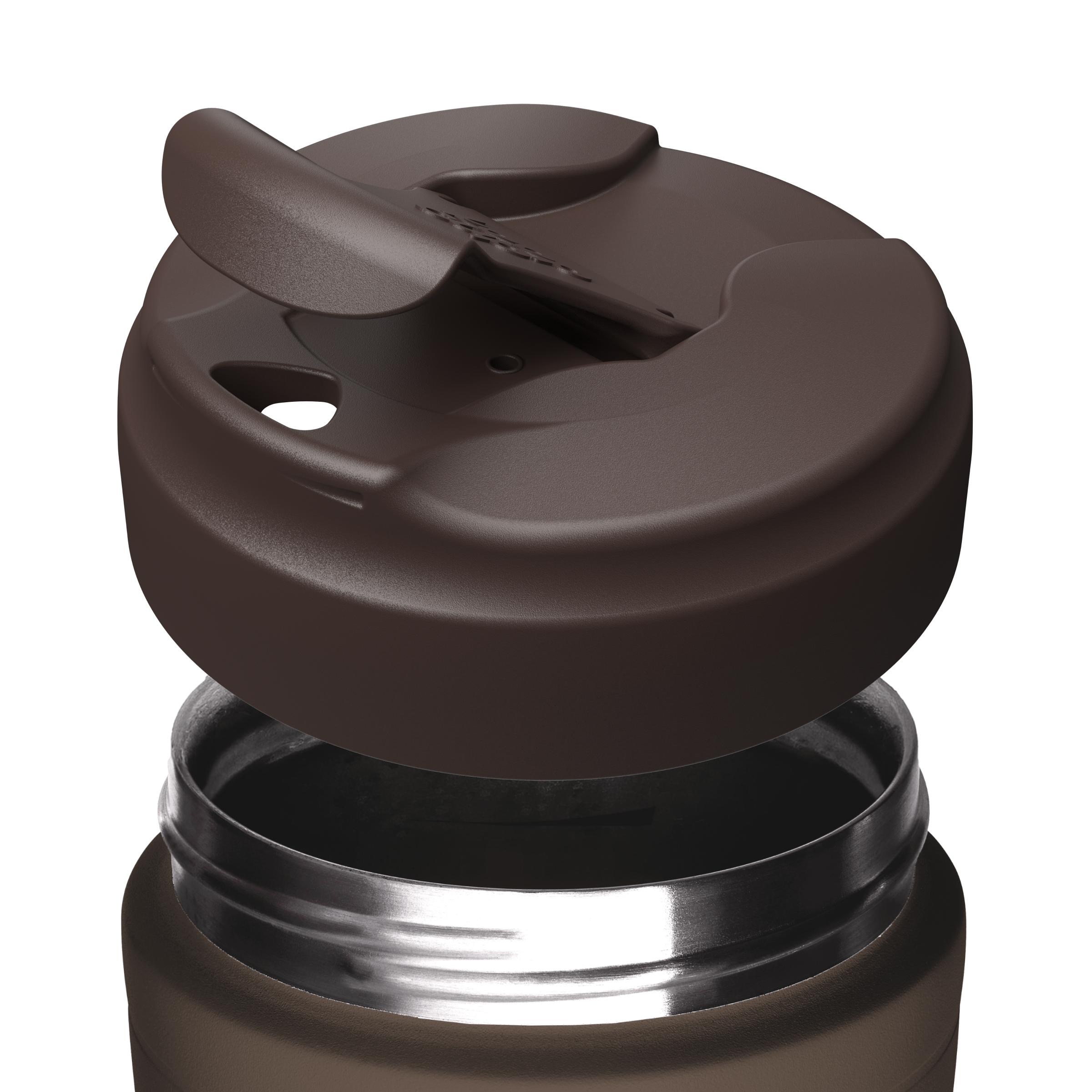 Close-up of a dark brown insulated KeepCup Travel Mug with its lid removed, showing the stainless steel rim and interior, on a white background.