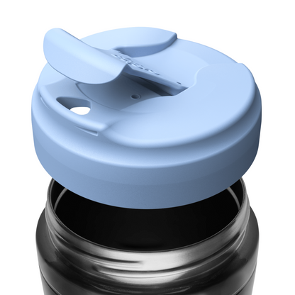 A close-up of a light blue flip lid on KeepCup travel mug, shown partially unscrewed from a silver stainless steel base on a white background.