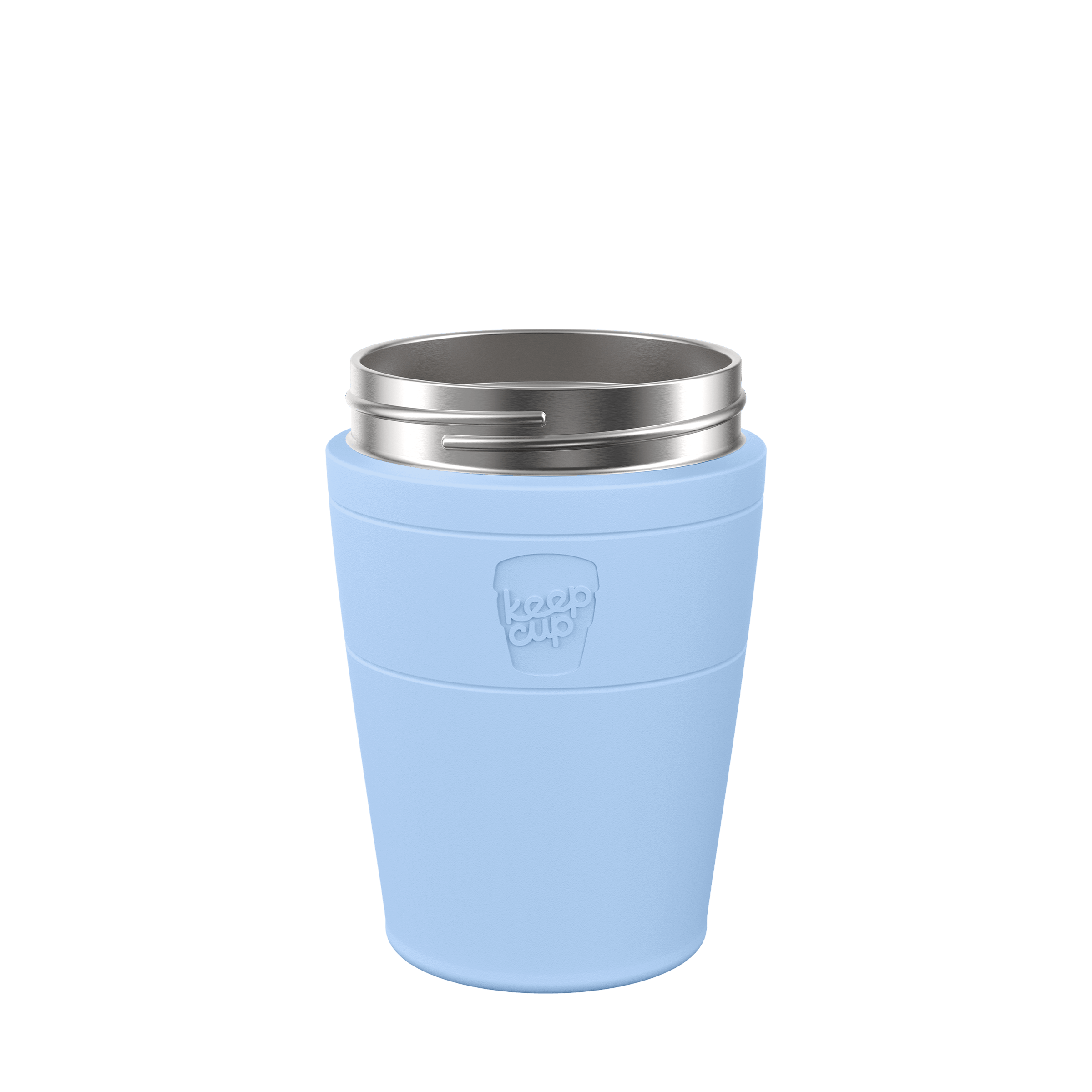 KeepCup Helix Stainless Steel Cup Base in light blue, shown from a front angle against a white background, featuring the embossed KeepCup logo on the band and a stainless steel rim at the top.
