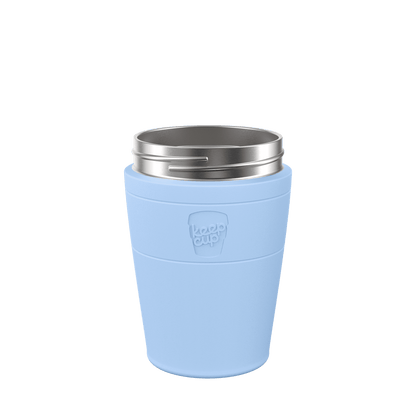 KeepCup Helix Stainless Steel Cup Base in light blue, shown from a front angle against a white background, featuring the embossed KeepCup logo on the band and a stainless steel rim at the top.