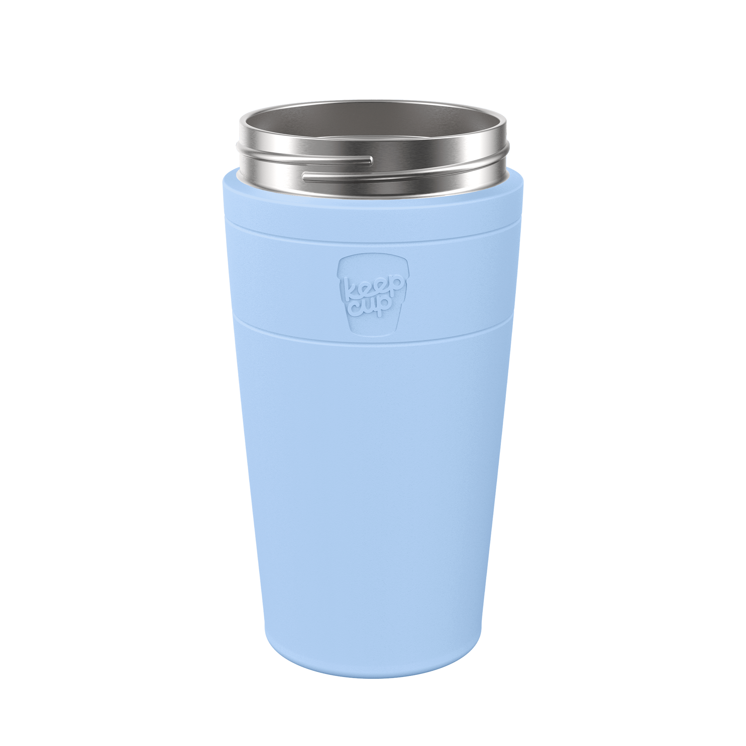 KeepCup Helix Stainless Steel Cup Base in light blue, shown from a front angle against a white background, featuring an embossed KeepCup logo on the band and a stainless steel rim at the top.