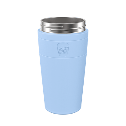 KeepCup Helix Stainless Steel Cup Base in light blue, shown from a front angle against a white background, featuring an embossed KeepCup logo on the band and a stainless steel rim at the top.